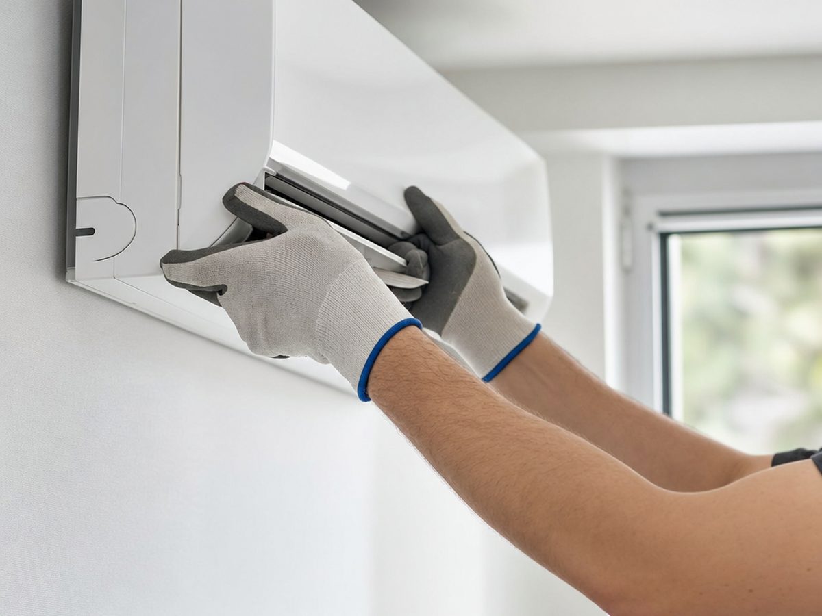 Installateur de pompe à chaleur air/air au travail